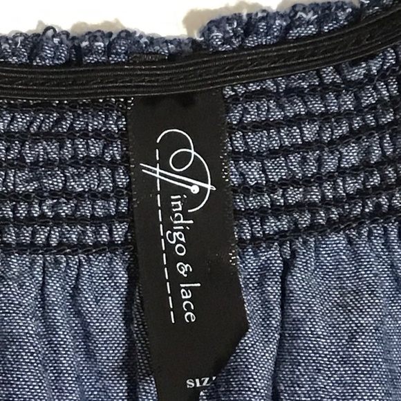 Indigo & Lace Maxi Dress Small Blue Chambray Peasant Smocked Embroidered Tiered - Picture 8 of 16